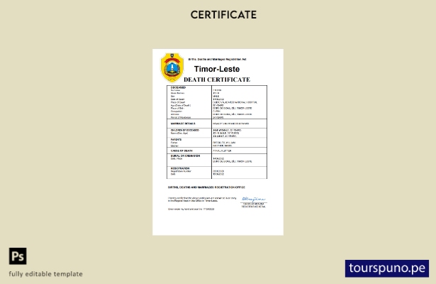 listo para imprimir certificado de desaparición del registro civil de Timor Lest
